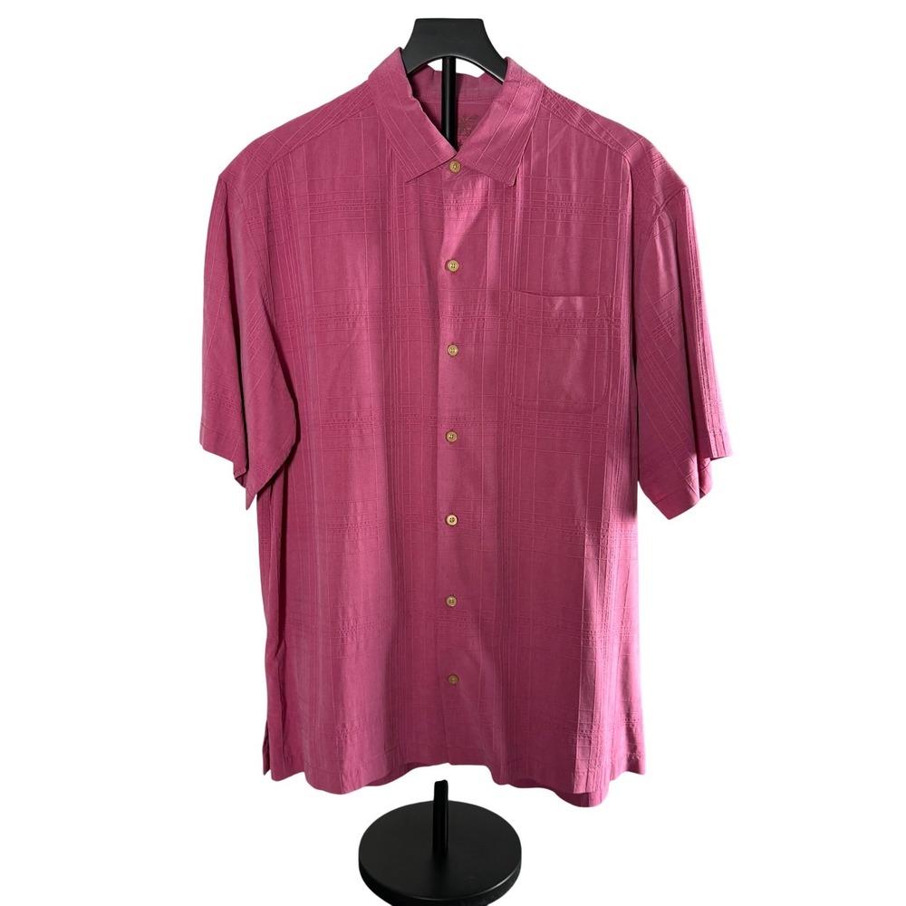 Tommy Bahama Mens Large  100% Silk Textured Grid Short Sleeve Button Shirt